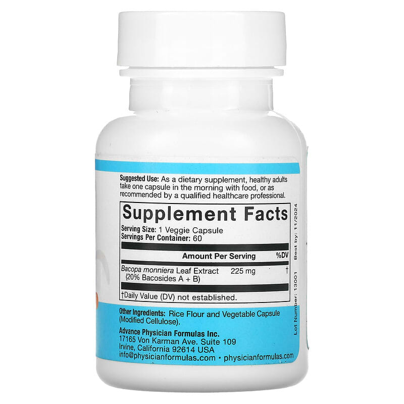 Advance Physician Formulas Inc. Bacopa Extract 225 mg 60 Vegetable Capsules 8 Thành phần vi chất Advance Physician Formulas Inc. Bacopa Extract 225 mg 60 viên 896996000045