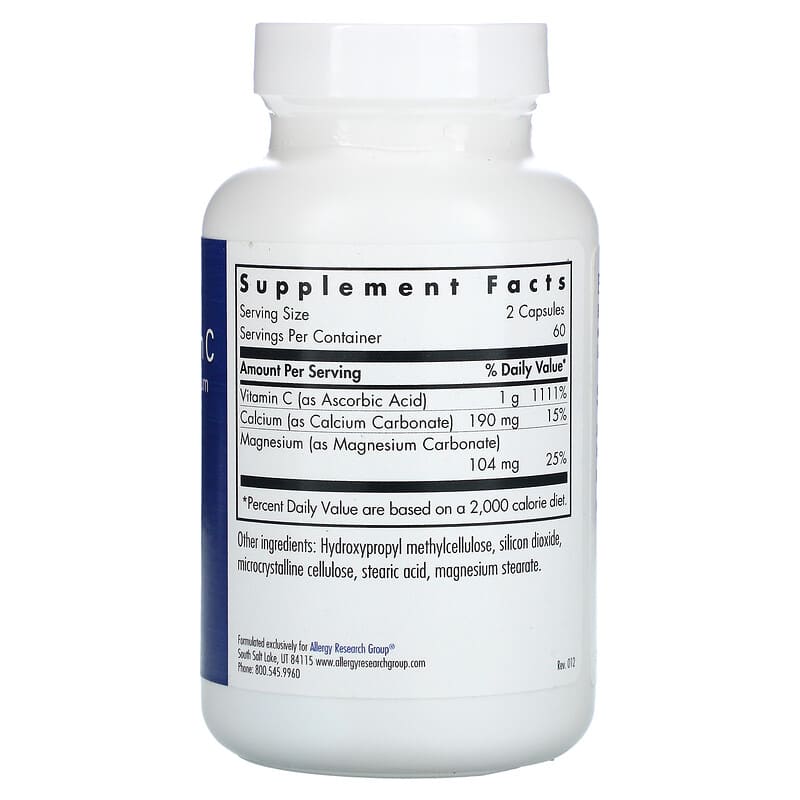 Allergy Research Group Buffered Vitamin C with Calcium and Magnesium 120 Vegetarian Capsules 8 Thành phần vi chất Allergy Research Group Buffered Vitamin C + Calcium & Magnesium 120 viên 713947700109