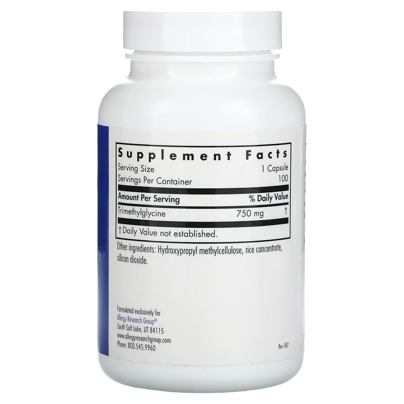 Allergy Research Group TMG Trimethylglycine 100 Vegetarian Capsules 8 Thành phần vi chất Allergy Research Group TMG Trimethylglycine 100 viên 713947732308