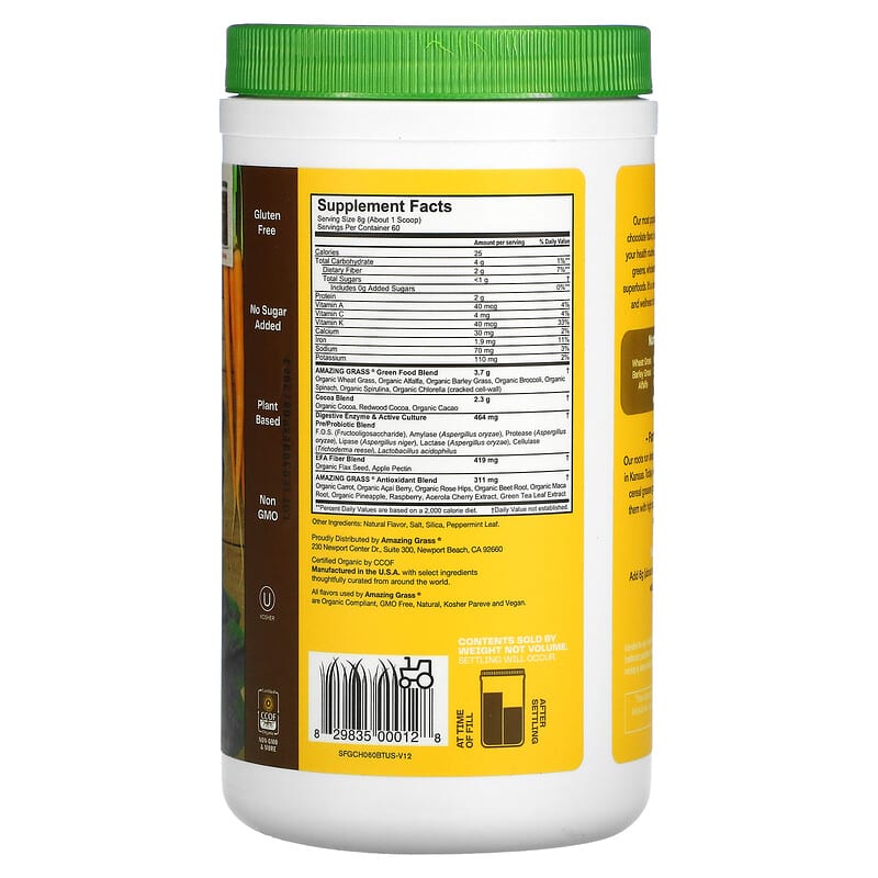 Amazing Grass Green Blend Superfood Chocolate 1.06 oz (480 g) 8 Thành phần vi chất Amazing Grass Green Blend Superfood Chocolate 1.06 oz (480 g) 829835000128