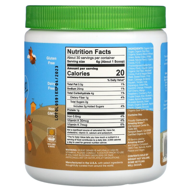 Amazing Grass Kidz Superfood Outrageous Chocolate 6.35 oz (180 g) 8 Thành phần vi chất Amazing Grass Kidz Superfood Outrageous Chocolate 6.35 oz (180 g) 829835543731