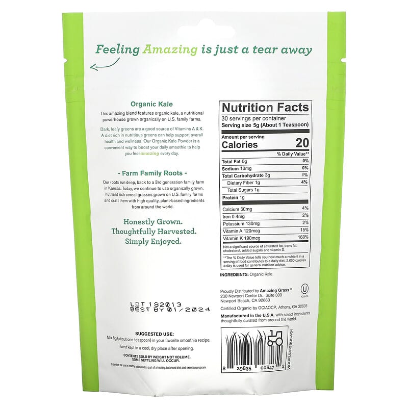 Amazing Grass Organic Kale Powder 5.29 oz (150 g) 8 Thành phần vi chất Amazing Grass Organic Kale Powder 5.29 oz (150 g) 829835006472