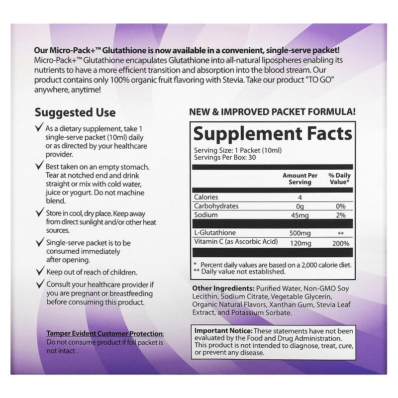 Aurora Nutrascience Micro-Pack+ Glutathione 500 mg 30 Packets 0.34 fl oz (10 ml) Each 8 Thành phần vi chất Aurora Nutrascience Micro-Pack+ Glutathione 500 mg 30 gói 0.34 fl oz (10 ml) 628504648209