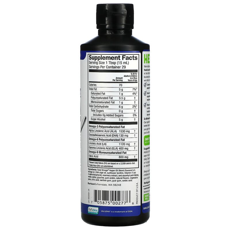 Thành phần vi chất Barlean's Plant Based Total Omega 3 · 6 · 9 Pomegranate Blueberry Smoothie 3.980 mg 16 oz (454 g) 705875002776