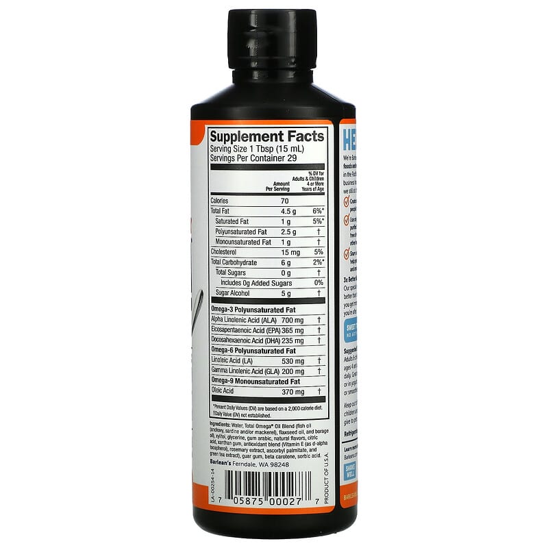 Thành phần vi chất Barlean's Total Omega 3 · 6 · 9 Orange Creme 2.400 mg 16 oz (454 g) 705875000277