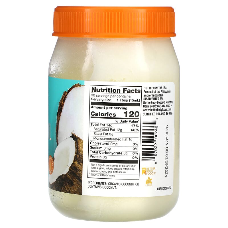 BetterBody Foods Naturally Refined Organic Coconut Oil 15.5 fl oz (458 ml) 8 Thành phần vi chất BetterBody Foods Naturally Refined Organic Coconut Oil 15.5 fl oz (458 ml) 897922002485