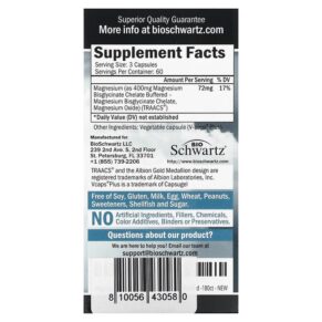 BioSchwartz Maximum Absorption Magnesium Bisglycinate 180 Veggie Caps 810056430580