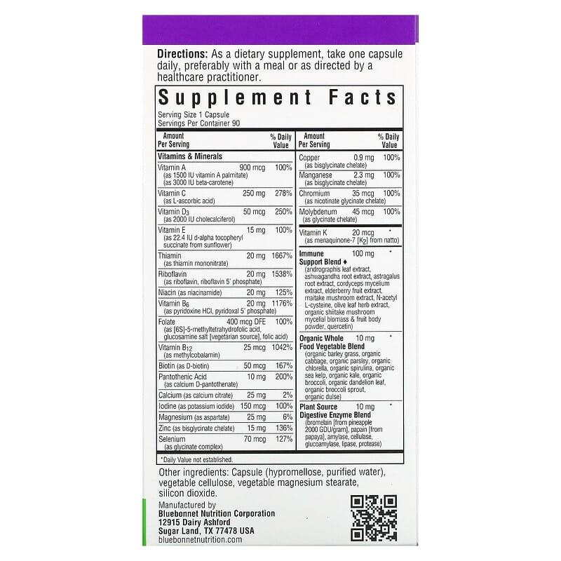 Bluebonnet Nutrition Immune One Whole Food-Based Multiple 90 Vegetable Capsules 8 Thành phần vi chất Bluebonnet Nutrition Immune One Whole Food-Based Multiple 90 viên 743715001978