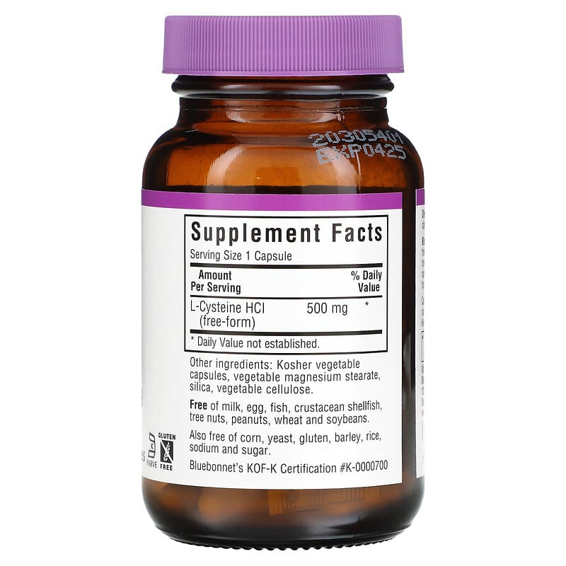 Bluebonnet Nutrition L-Cysteine 500 mg 60 Vegetable Capsules 8 Thành phần vi chất Bluebonnet Nutrition L-Cysteine 500 mg 60 viên 743715000384