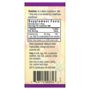 Bluebonnet Nutrition Liquid Vitamin D3 Drops Citrus 25 mcg (1.000 IU) 1 fl oz (30 ml) 743715003743