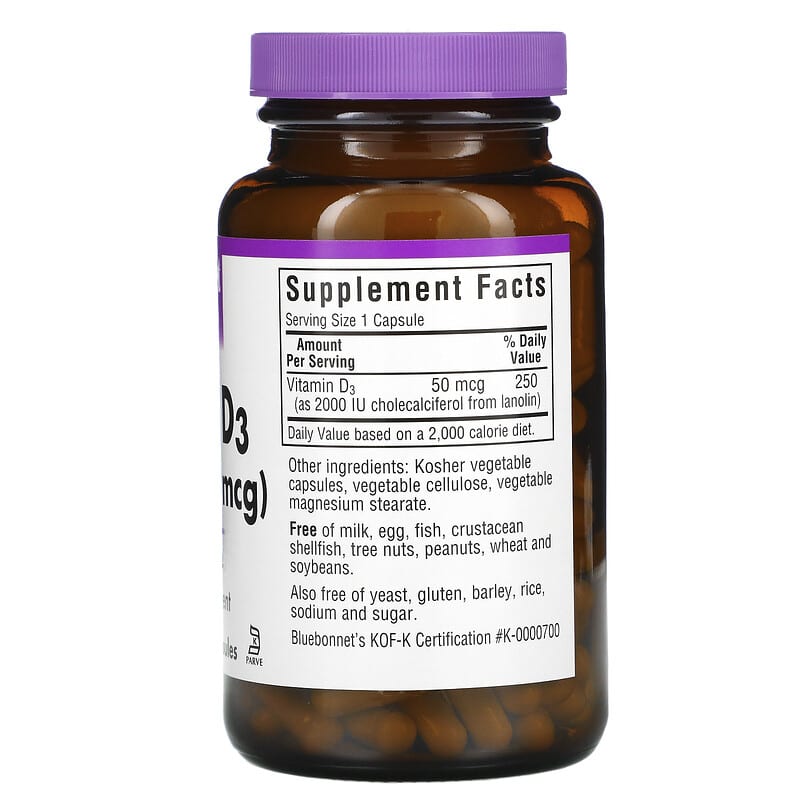 Bluebonnet Nutrition Vitamin D3 50 mcg (2.000 IU) 180 Vegetable Capsules 8 Thành phần vi chất Bluebonnet Nutrition Vitamin D3 50 mcg (2.000 IU) 180 viên 743715003156