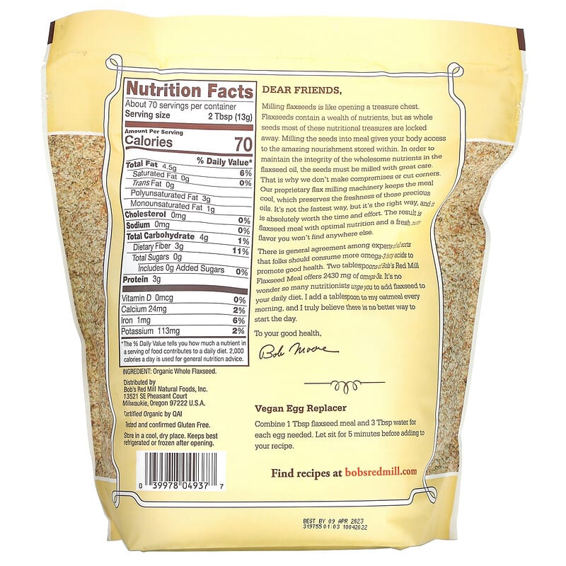 Bob's Red Mill Organic Flaxseed Meal Whole Ground 32 oz (907 g) 8 Thành phần vi chất Bob's Red Mill Organic Flaxseed Meal Whole Ground 32 oz (907 g) 039978049377