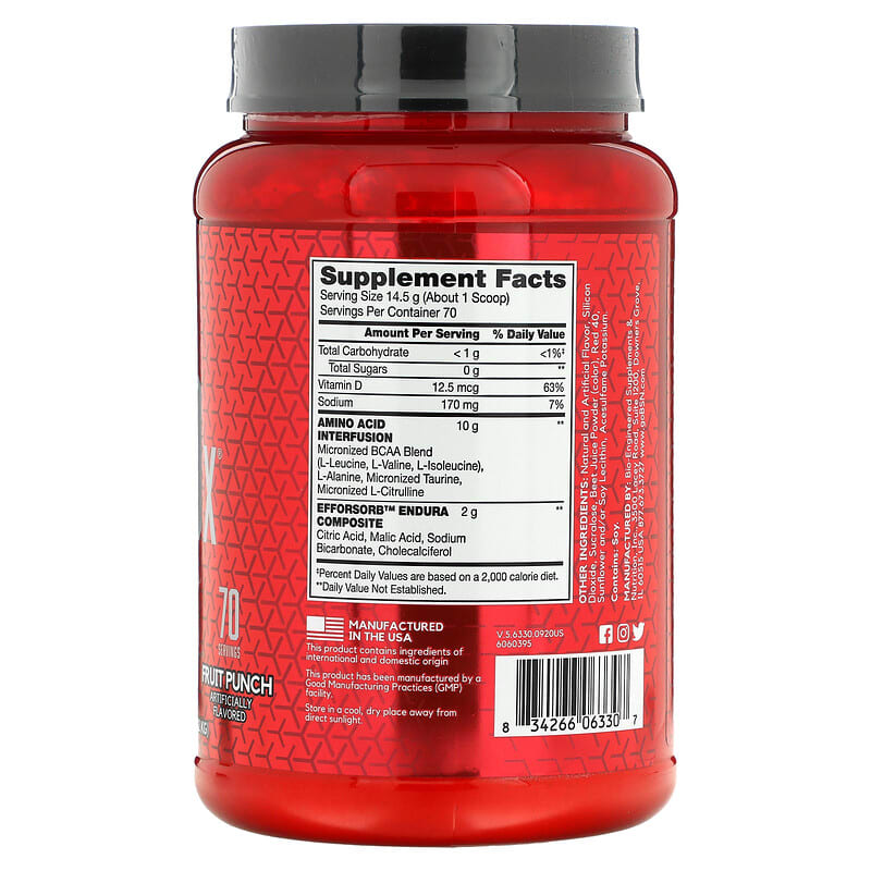 BSN AminoX Endurance & Recovery Fruit Punch 2.24 lb (1.02 kg) 8 Thành phần vi chất BSN AminoX Endurance & Recovery Fruit Punch 2.24 lb (1.02 kg) 834266063307