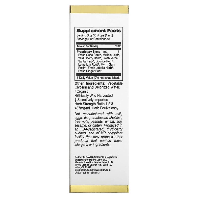California Gold Nutrition Bronchial Ease 1 fl oz (30 ml) 8 Thành phần vi chất California Gold Nutrition Bronchial Ease 1 fl oz (30 ml) 898220021130