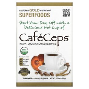California Gold Nutrition CafeCeps Certified Organic Instant Coffee + Cordyceps & Reishi Mushroom Powder 30 gói 0.08 oz (2.2 g) 898220012404