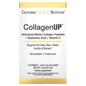California Gold Nutrition CollagenUP Hydrolyzed Marine Collagen Peptides + Hyaluronic Acid & Vitamin C Unflavored 10 gói 0.18 oz (5.16 g) 898220013449