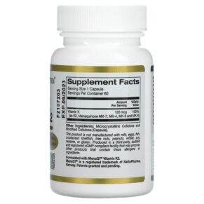 California Gold Nutrition Full Spectrum Vitamin K2 120 mcg 60 Veggie Capsules 898220012992