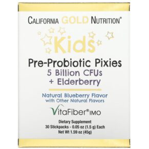 California Gold Nutrition Kids Pre-Probiotic Pixies 5 Billion CFUs + Elderberry Natural Blueberry Flavor 30 gói 0.05 oz (1.5 g) 898220018536