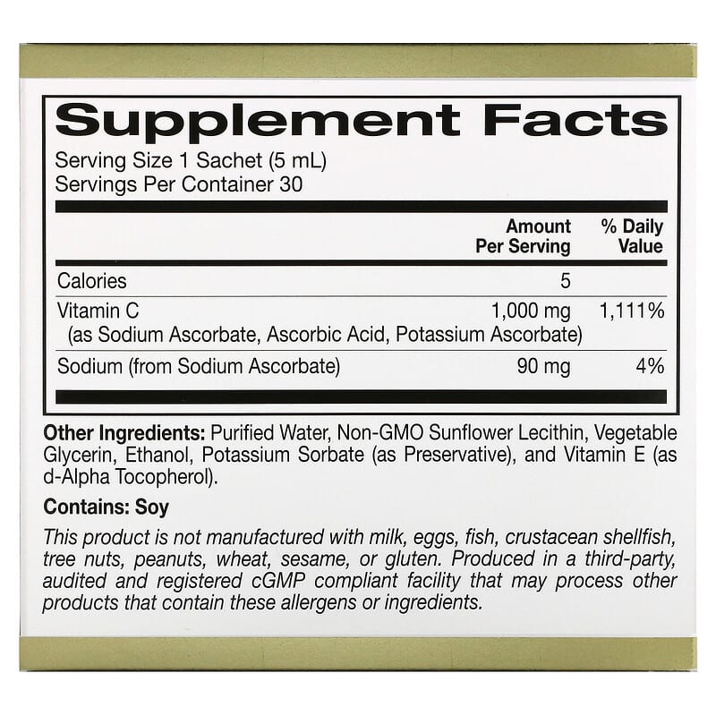 California Gold Nutrition Liposomal Liquid Vitamin C Unflavored 1000 mg 30 Sachets 0.17 fl oz (5 ml) Each 8 Thành phần vi chất California Gold Nutrition Liposomal Liquid Vitamin C Unflavored 1000 mg 30 Sachets 0.17 fl oz (5 ml) 898220019991