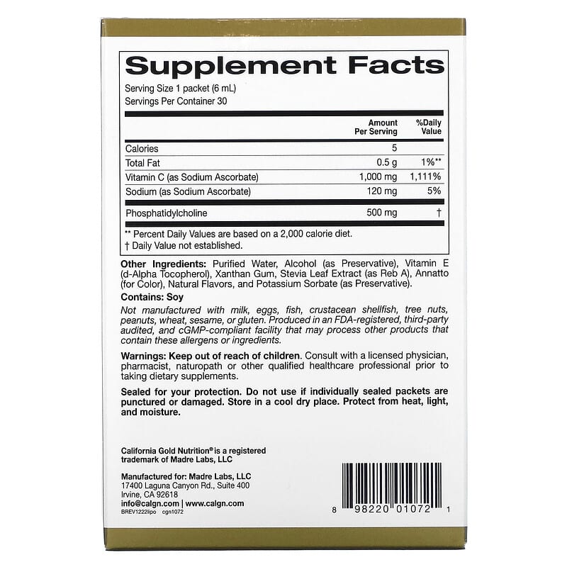 California Gold Nutrition Liposomal Vitamin C 1.000 mg 30 Packets 0.2 oz (5.7 ml) Each 8 Thành phần vi chất California Gold Nutrition Liposomal Vitamin C 1.000 mg 30 gói 0.2 oz (5.7 ml) 898220010721