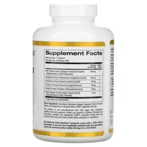 California Gold Nutrition Silymarin Complex Milk Thistle Extract Plus Dandelion Artichoke Curcumin C3 Complex Ginger and BioPerine 360 Veggie Capsules 898220013784