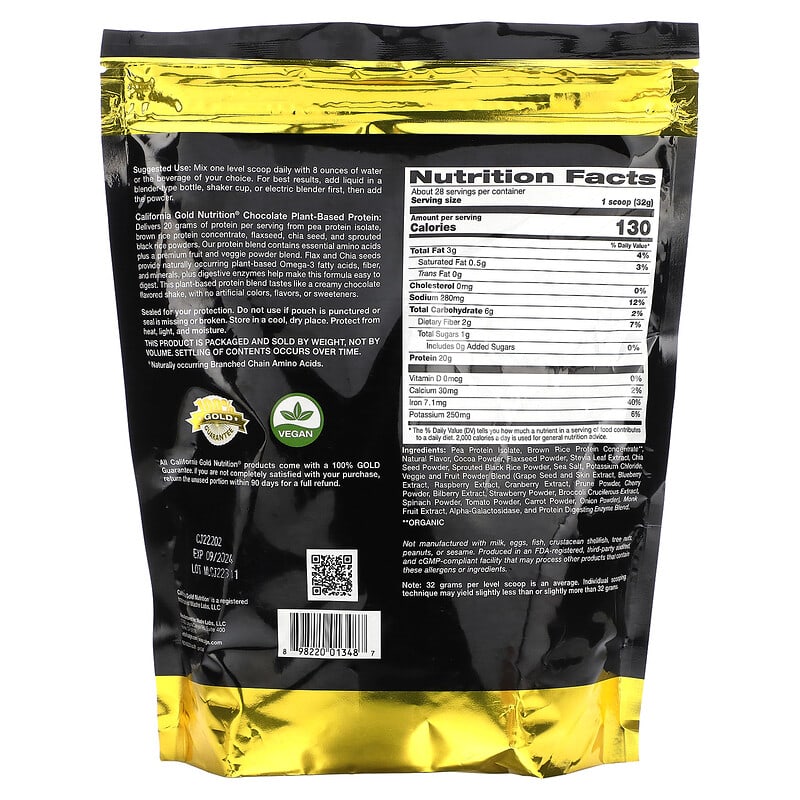 California Gold Nutrition SPORT - Plant-Based Protein Chocolate 2 lb Pouch 8 Thành phần vi chất California Gold Nutrition SPORT - Plant-Based Protein Chocolate 2 lb Pouch 898220013487