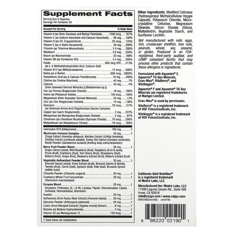 California Gold Nutrition Ultamins Women's 50+ Multivitamin with CoQ10 60 Veggie Capsules 8 Thành phần vi chất California Gold Nutrition Ultamins Women's 50+ Multivitamin + CoQ10 60 viên 898220021901