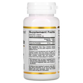 California Gold Nutrition Zinc Picolinate 50 mg 120 Veggie Capsules 898220013531