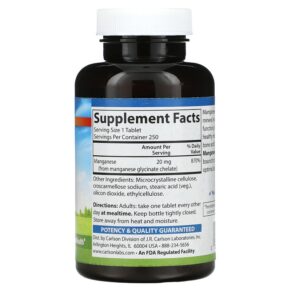 Carlson Chelated Manganese 20 mg 250 Tablets 088395056321