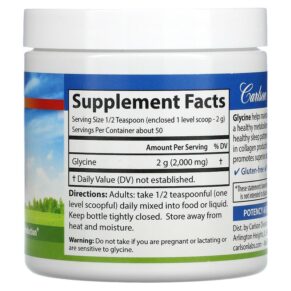 Carlson Glycine Powder Free Form Amino Acid 3.53 oz (100 g) 088395068355
