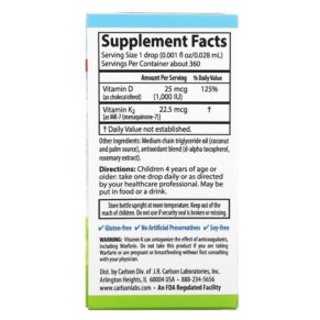 Carlson Kid's Super Daily D3+K2 25 mcg (1.000 IU) & 22.5 mcg 0.34 fl oz (10.16 ml) 088395105302