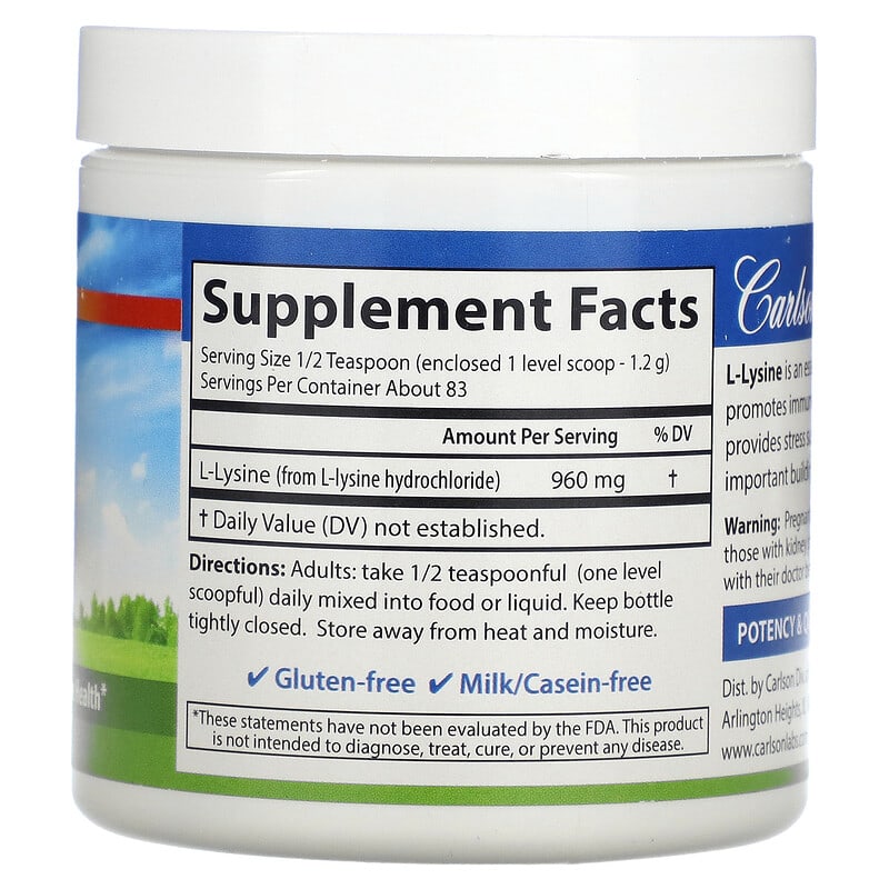 Carlson L-Lysine Powder 960 mg 3.53 oz (100 g) 8 Thành phần vi chất Carlson L-Lysine Powder 960 mg 3.53 oz (100 g) 088395068850
