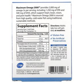 Carlson Maximum Omega 2000 Natural Lemon Flavor 1.000 mg 30 Softgels 088395600203