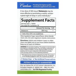 Carlson Melatonin Natural Strawberry Lemon 300 mcg 30 Tablets 088395873607