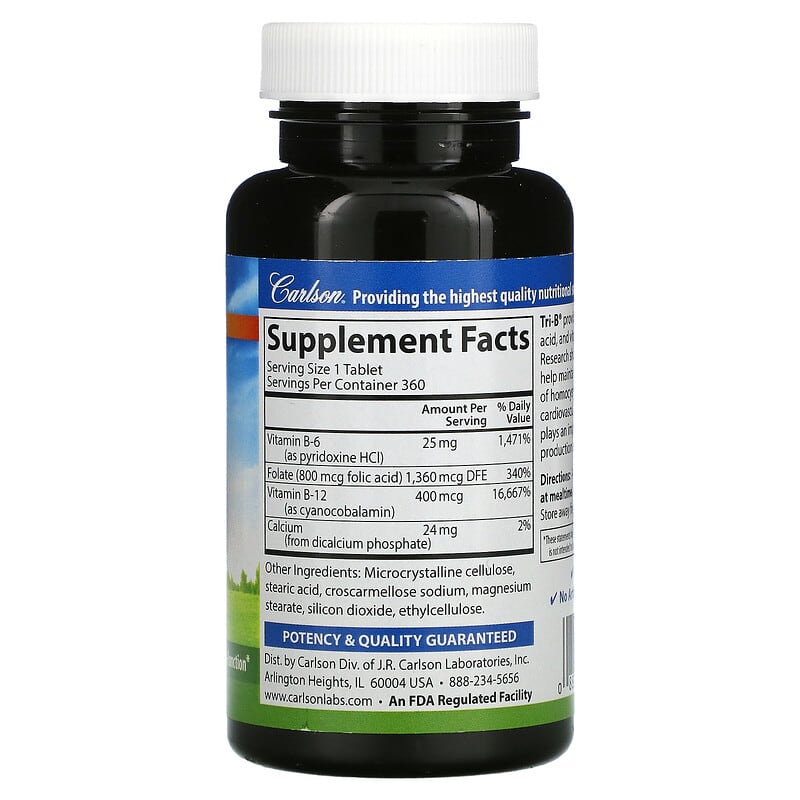 Carlson Tri-B with B6 B12 & Folic Acid 360 Tablets 8 Thành phần vi chất Carlson Tri-B + B6 B12 & Folic Acid 360 viên 088395020032