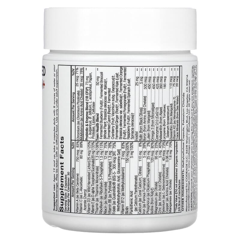 Codeage Teen Fermented Multivitamin+ 60 Capsules 8 Thành phần vi chất Codeage Teen Fermented Multivitamin+ 60 viên 853919008526