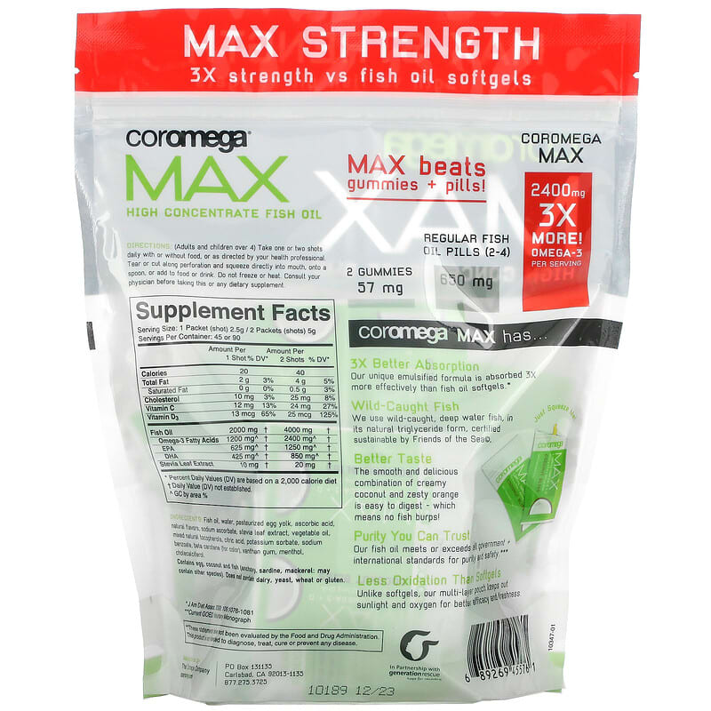 Coromega Max High Concentrate Omega-3 Fish Oil Coconut Bliss 90 Squeeze Shots 2.5 g Each 8 Thành phần vi chất Coromega Max High Concentrate Omega-3 Fish Oil Coconut Bliss 90 Squeeze Shots 2.5 g 689269455761