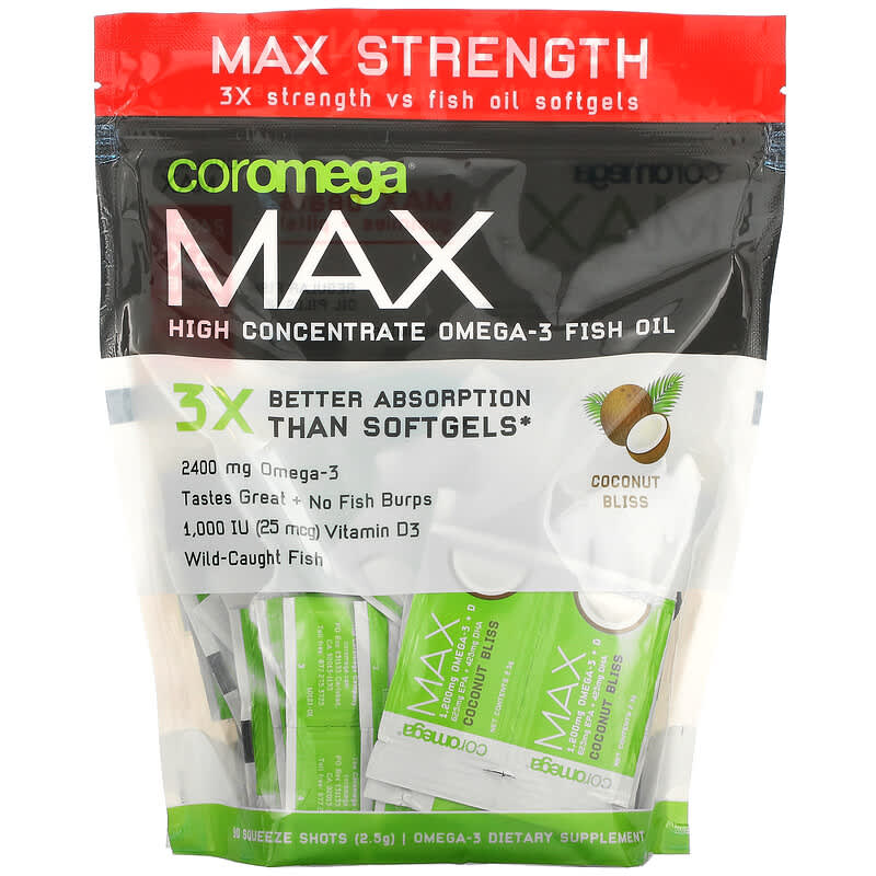 Coromega Max High Concentrate Omega-3 Fish Oil Coconut Bliss 90 Squeeze Shots 2.5 g Each 1 Coromega Max High Concentrate Omega-3 Fish Oil Coconut Bliss 90 Squeeze Shots 2.5 g 689269455761