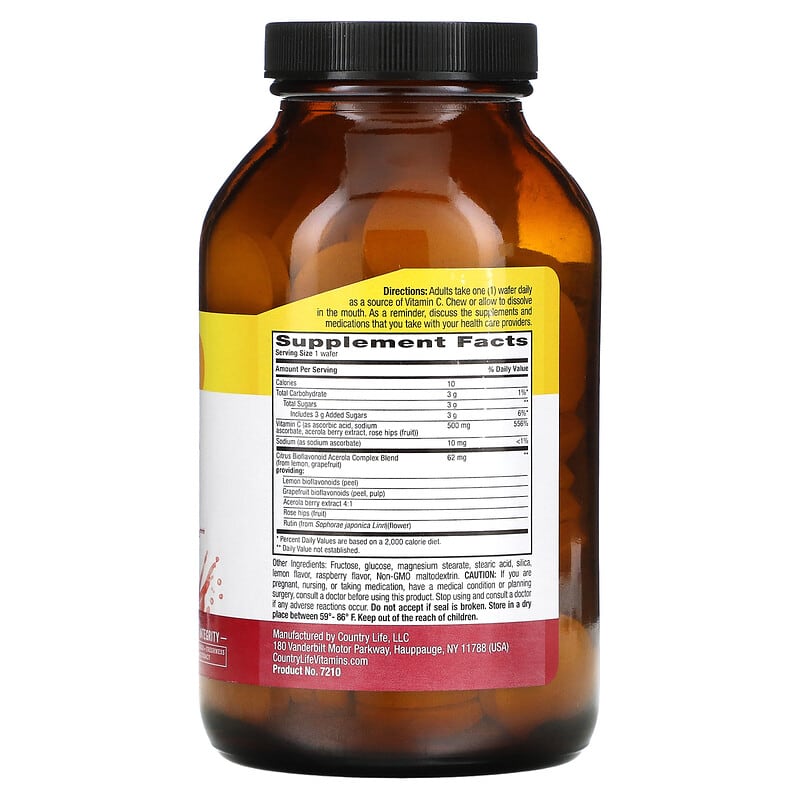 Country Life Chewable Acerola Vitamin C Complex Berry 500 mg 90 Wafers 8 Thành phần vi chất Country Life Acerola Vitamin C Complex Berry 500 mg 90 bánh 015794072102