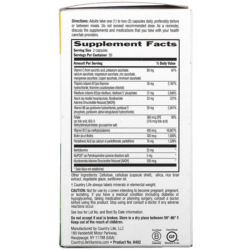 Country Life Coenzyme B-Complex Advanced 60 Vegan Capsules 8 Thành phần vi chất Country Life Coenzyme B-Complex Advanced 60 viên 015794064022