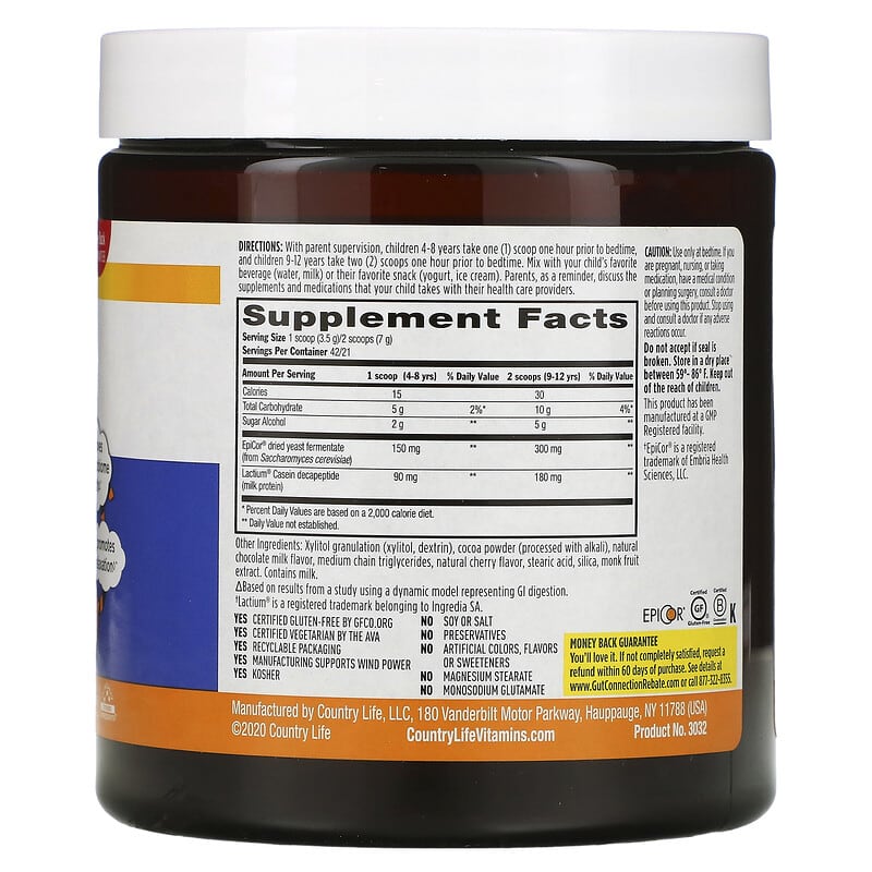 Country Life Gut Connection Kids Sleep Balance Chocolate Flavor Powder 5.1 oz (147 g) 8 Thành phần vi chất Country Life Gut Connection Kids Sleep Balance Chocolate Flavor Powder 5.1 oz (147 g) 015794030324