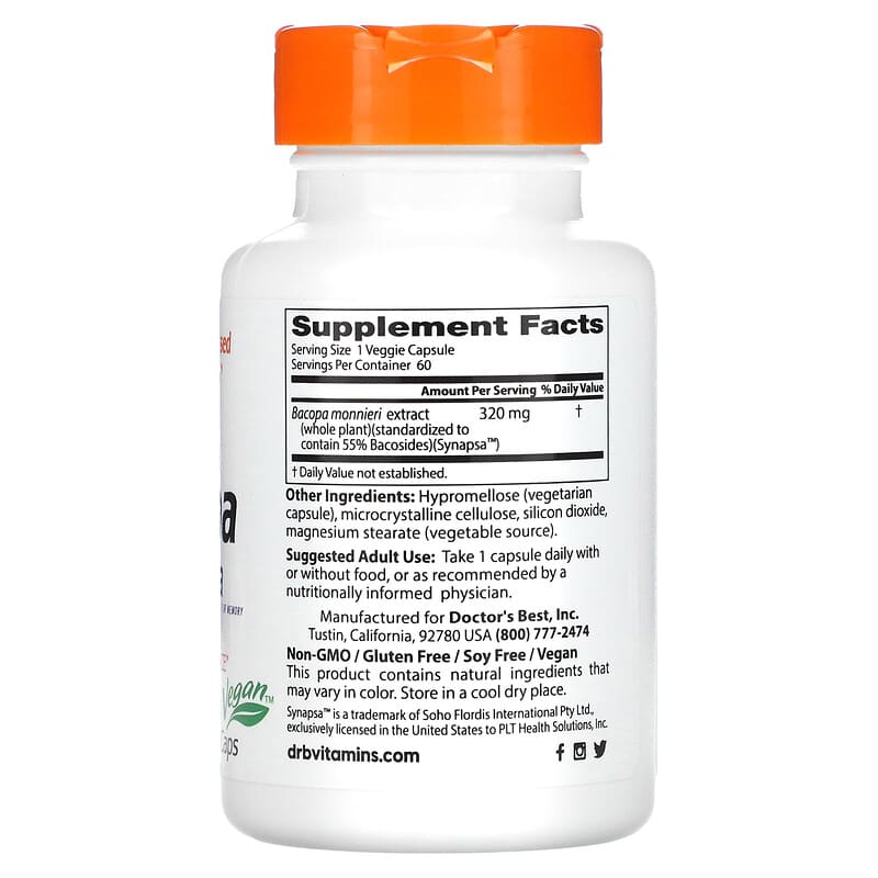 Doctor's Best Bacopa with Synapsa 320 mg 60 Veggie Caps 8 Thành phần vi chất Doctor's Best Bacopa + Synapsa 320 mg 60 viên 753950004542