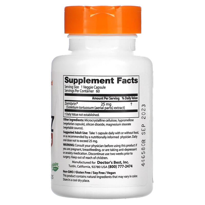 Doctor's Best Calm-Z with Zembrin 25 mg 60 Veggie Caps 8 Thành phần vi chất Doctor's Best Calm-Z + Zembrin 25 mg 60 viên 753950004566