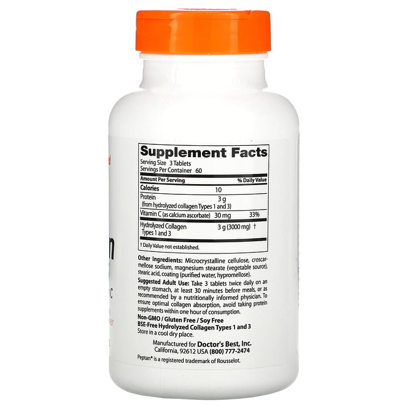 Doctor's Best Collagen Types 1 and 3 with Peptan and Vitamin C 1.000 mg 180 Tablets 8 Thành phần vi chất Doctor's Best Collagen Types 1 & 3 + Peptan & Vitamin C 1.000 mg 180 viên 753950002043