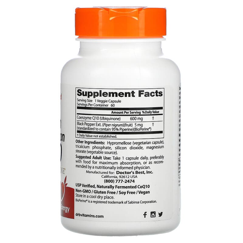 Doctor's Best High Absorption CoQ10 with BioPerine 600 mg 60 Veggie Caps 8 Thành phần vi chất Doctor's Best High Absorption CoQ10 + BioPerine 600 mg 60 viên 753950002647