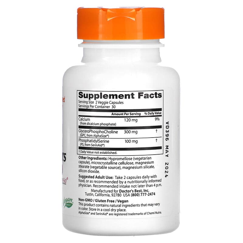 Doctor's Best Natural Brain Enhancers with AlphaSize and SerinAid 60 Veggie Caps 8 Thành phần vi chất Doctor's Best Natural Brain Enhancers + AlphaSize & SerinAid 60 viên 753950002142