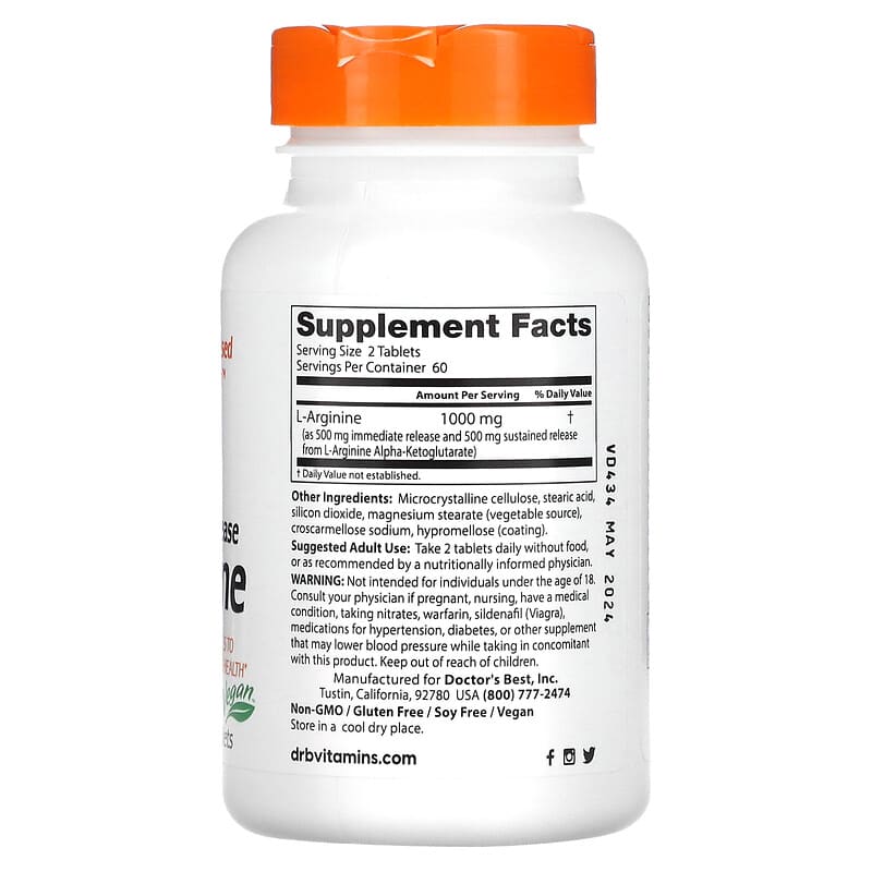 Doctor's Best Sustained Plus Immediate Release L-Arginine 500 mg 120 Bilayer Tablets 8 Thành phần vi chất Doctor's Best Sustained Plus Immediate Release L-Arginine 500 mg 120 Bilayer viên 753950002005