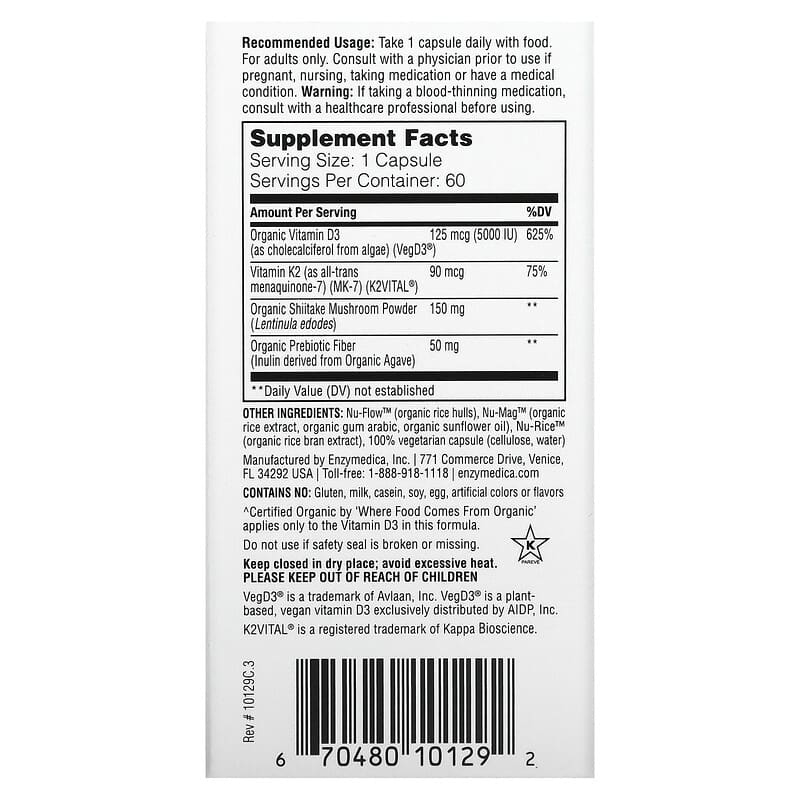 Enzymedica Organic D3 + Vitamin K2 60 Capsules 8 Thành phần vi chất Enzymedica Organic D3 + Vitamin K2 60 viên 670480101292