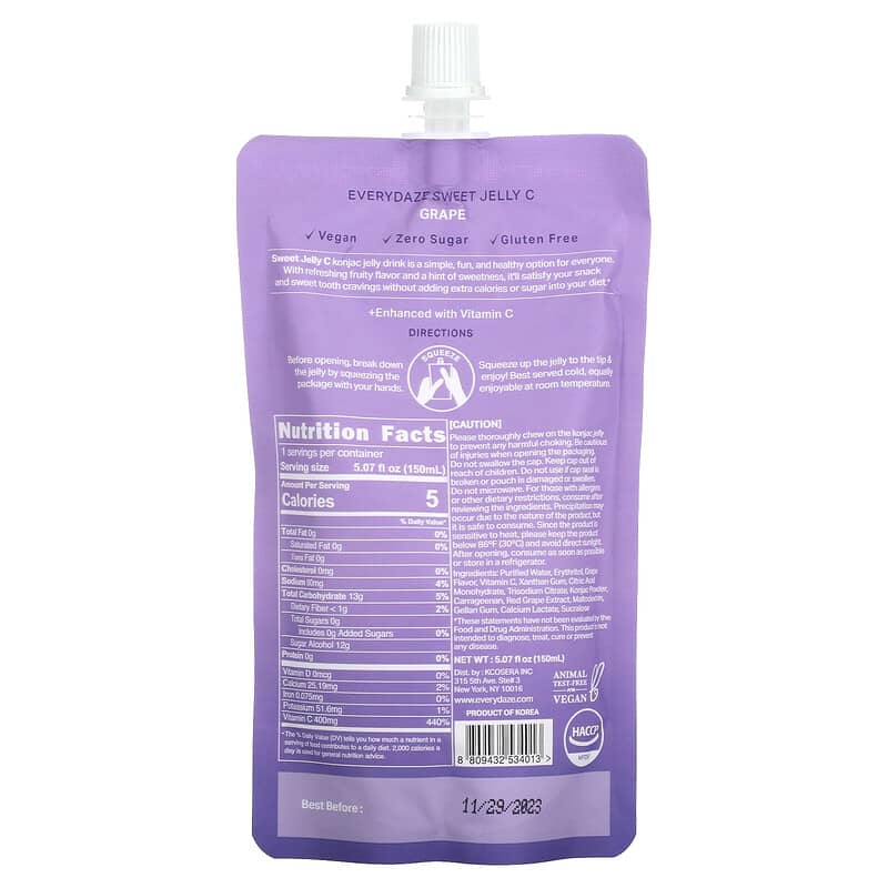 Everydaze Sweet Jelly C Plant Based Konjac Jelly Drink Grape 5.02 fl oz (150 ml) 8 Thành phần vi chất Everydaze Sweet Jelly C Plant Based Konjac Jelly Drink Grape 5.02 fl oz (150 ml) 8809432534013