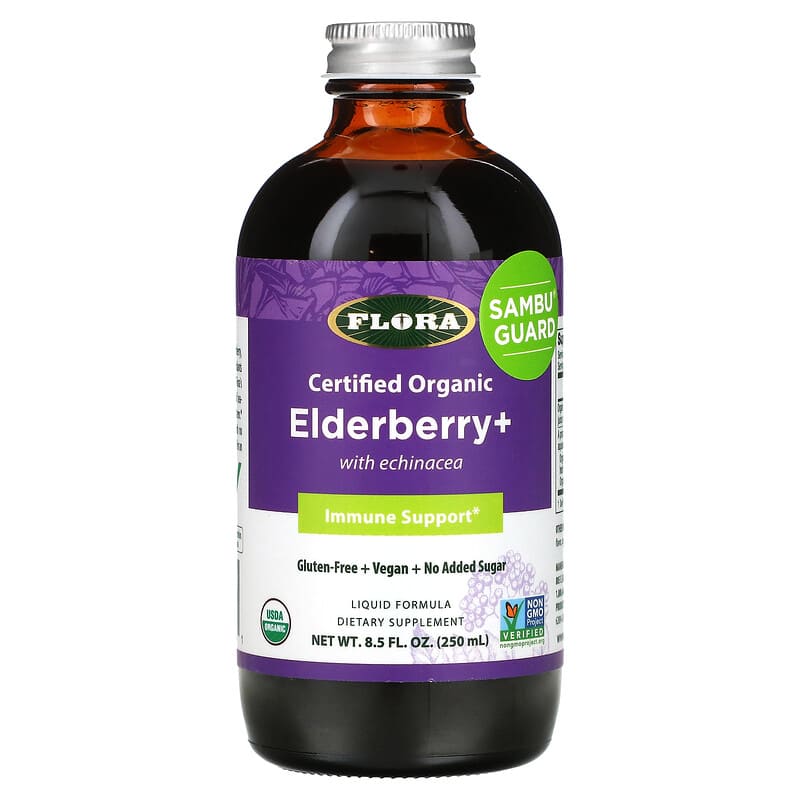 Flora Certified Organic Elderberry+ with Echinacea Immune Support 8.5 fl oz (250 ml) 1 Flora Certified Organic Elderberry+ + Echinacea Immune Support 8.5 fl oz (250 ml) 061998628041